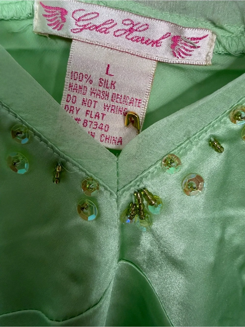 Gold Hawk Lime Sherbet Silk Beaded Cami Tank Top Large NWT Y2K Green - Picture 2 of 4